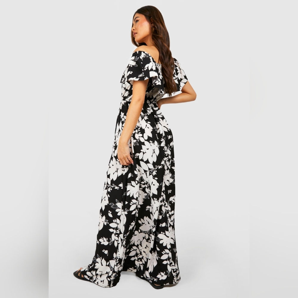 Black & White Floral Off-Shoulder/ Flutter Sleeve Maxi Dress